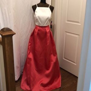 Xscape White Bodice Red Satin A-Line Prom Dress